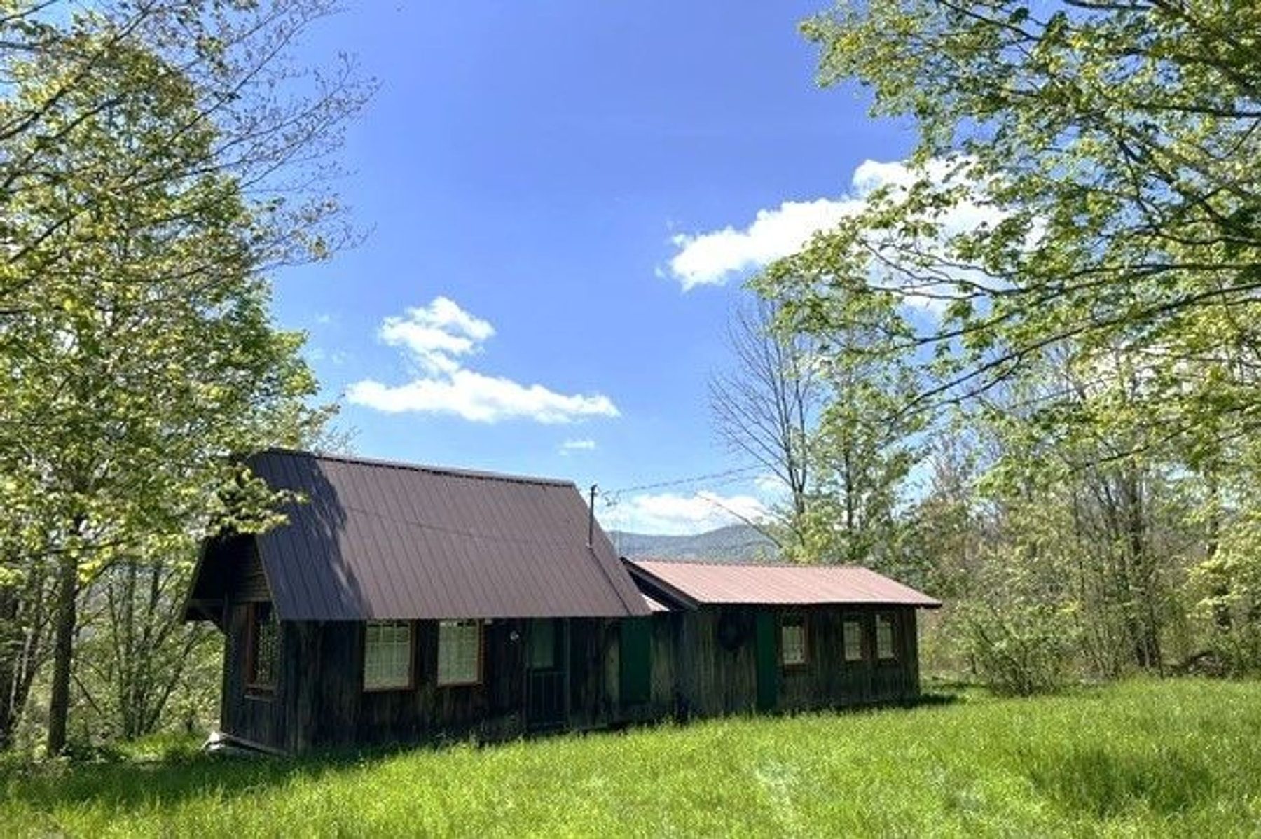 A single-storey house with a metal roof standing in its own grass clearing, trees behind it.