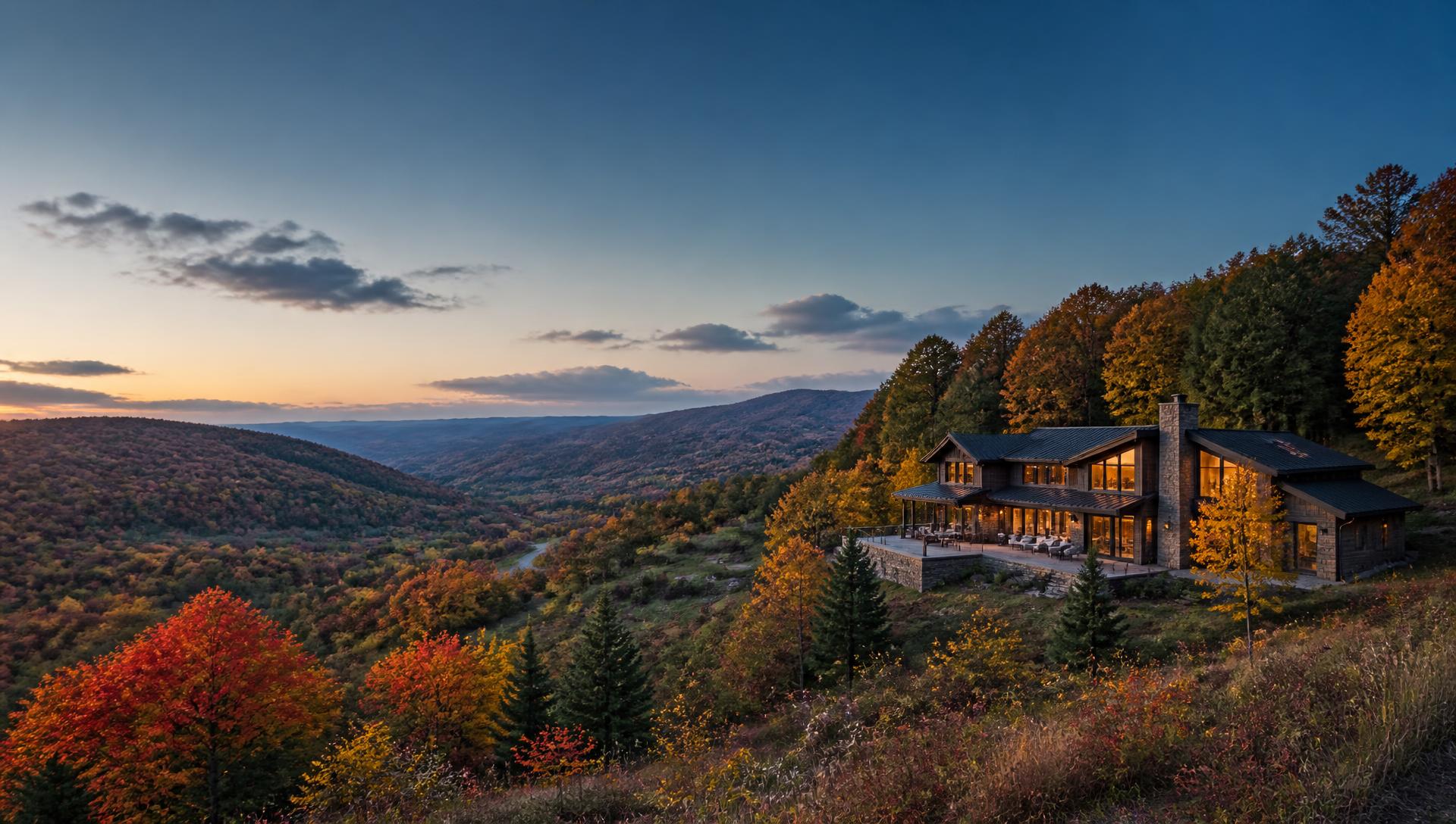 A Catskills residence overlooking an autumn mountain valley in Upstate New York