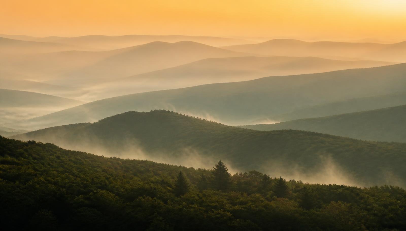 Layered mountain ridgelines in morning haze