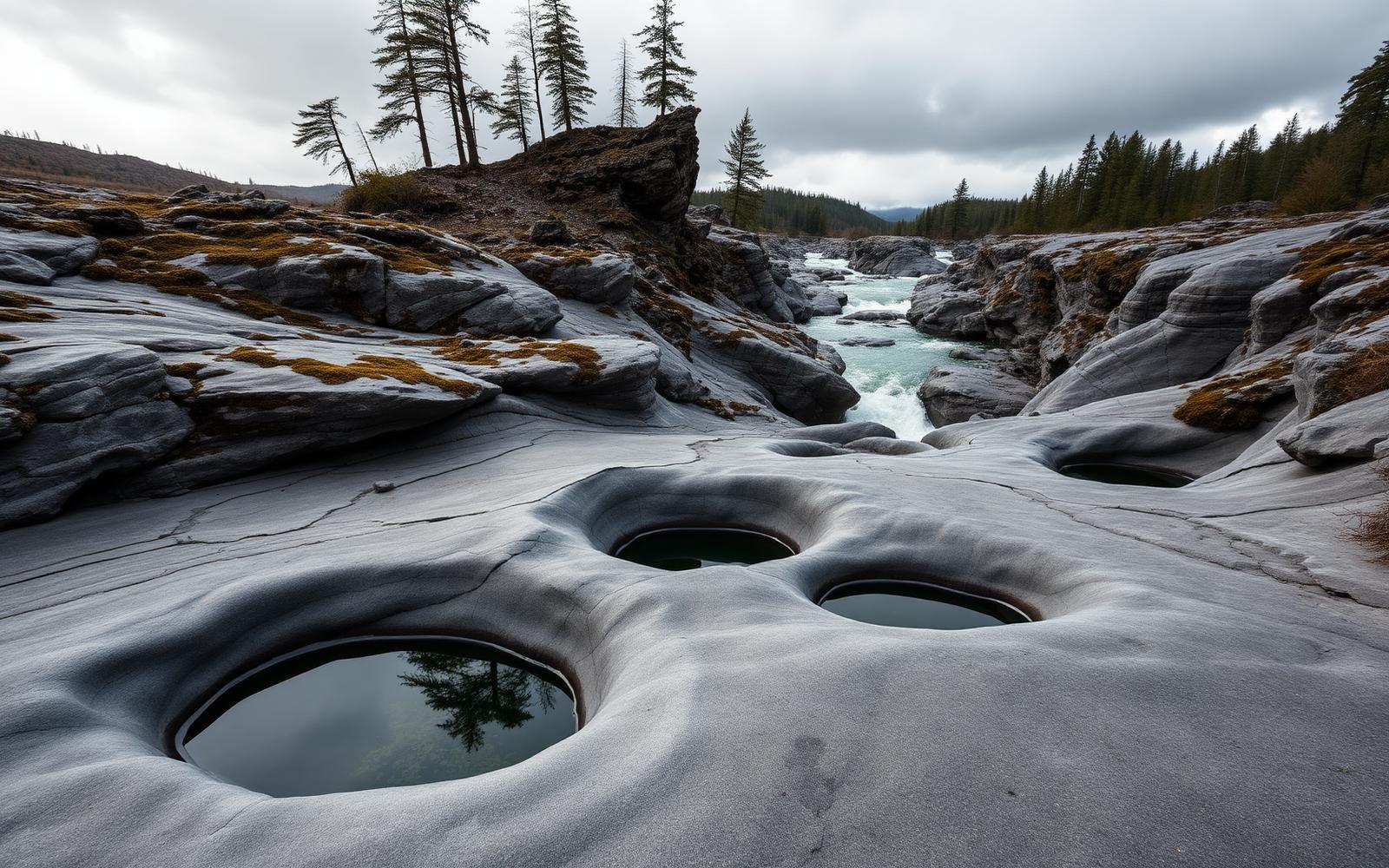 Glacial potholes and exposed rock on Moss Island