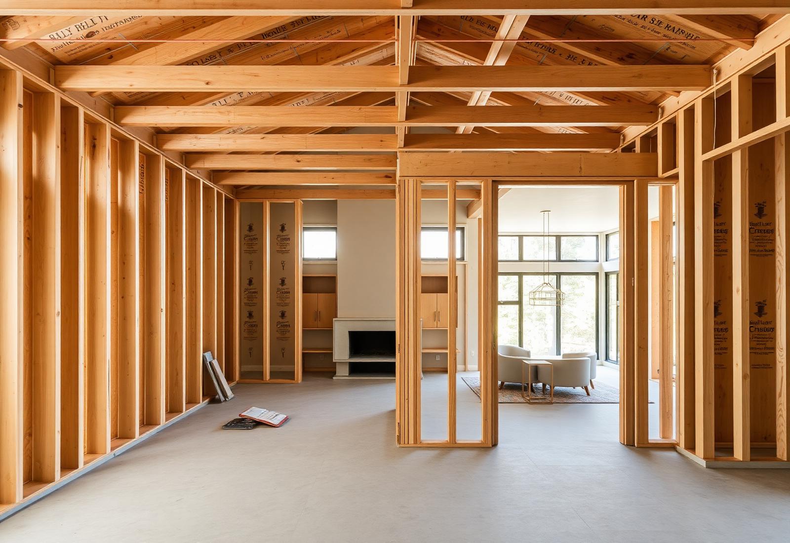 Interior wall framing beside a finished room during construction