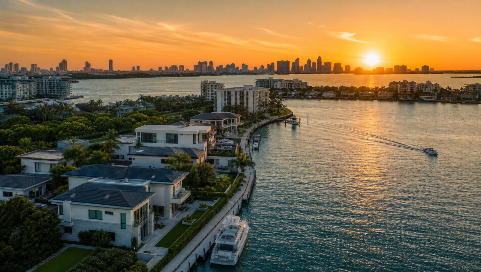 Florida waterfront homes with a skyline across the bay at sunset